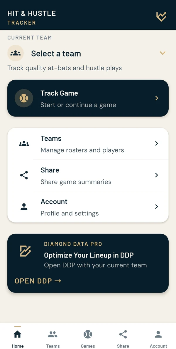 Hit & Hustle Tracker home screen with game tracking