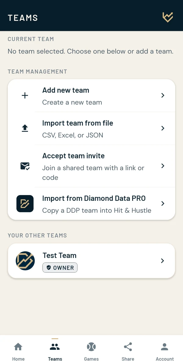 Team management and roster import in Hit and Hustle Tracker